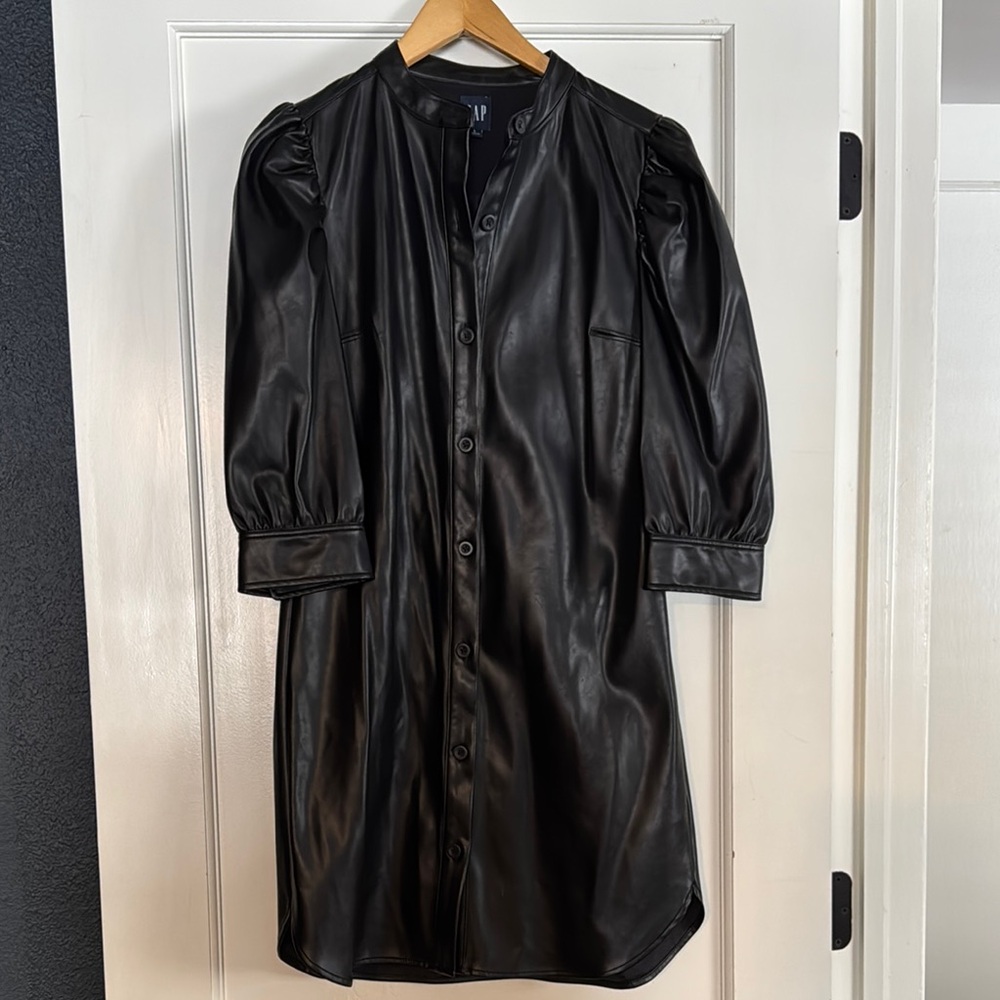 GAP Black Faux Leather Button-Down Dress